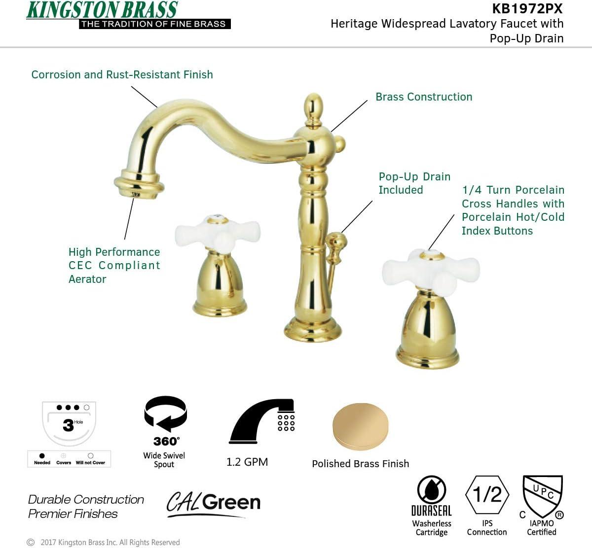 Kingston Brass Heritage Two-Handle 3-Hole Deck Mount Widespread Bathroom Faucet with Pop-Up Drain