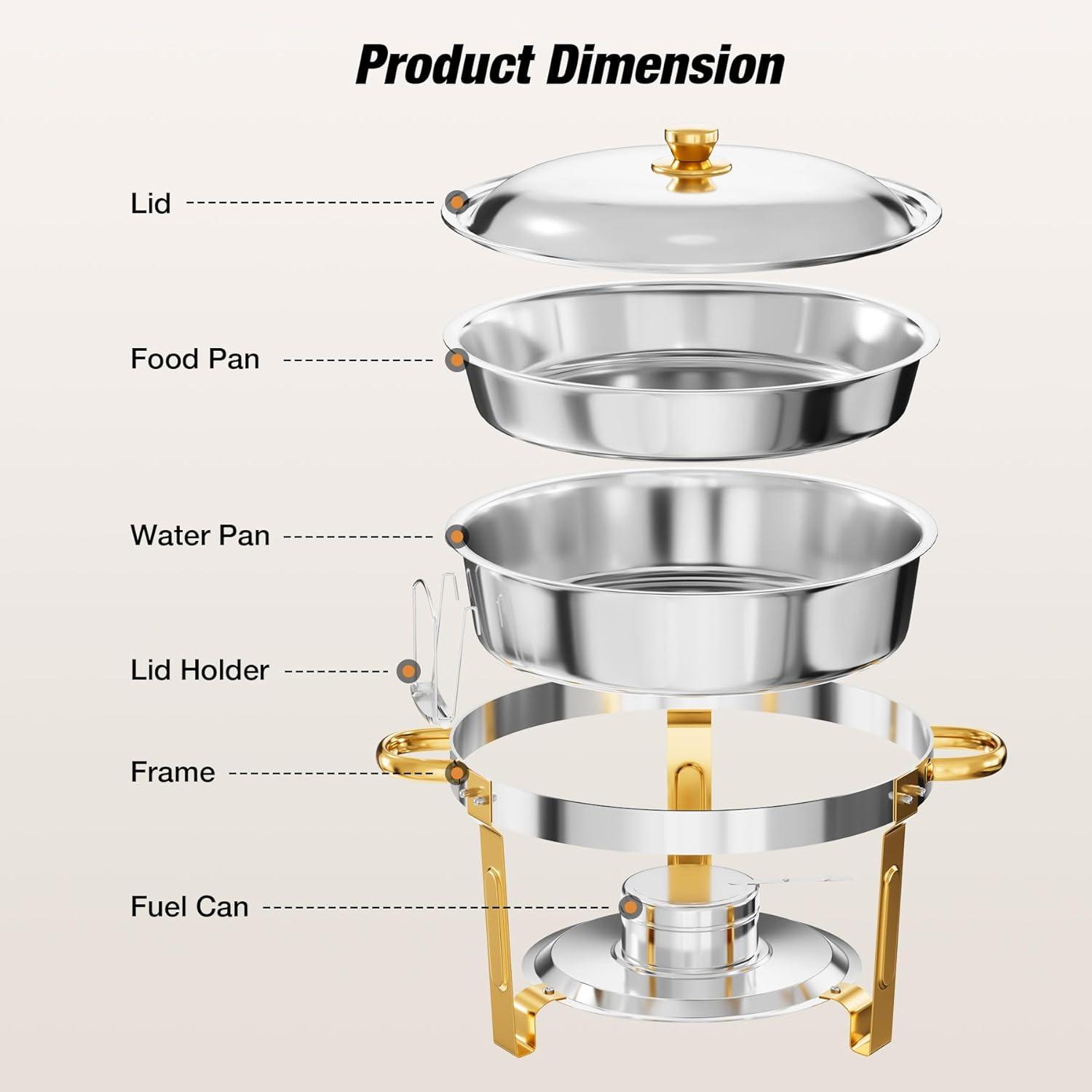 WARMOUNTS Chafing Dish Buffet Set, 5QT 4 Pack Gold Accent Stainless Steel Chafers and Buffet Warmers Sets with Glass Lid & Lid Holder for Parties Catering Events Weddings Banquets