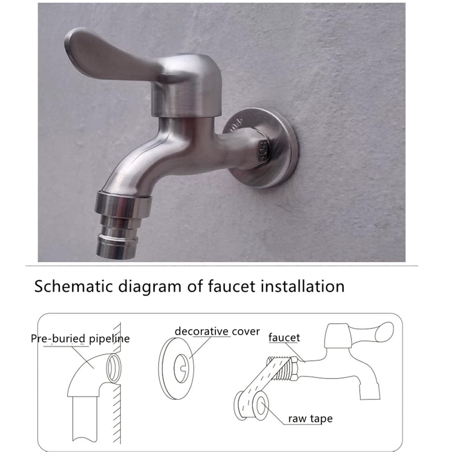 ViaGasaFamido Single Handle Cold Faucet Garden Tap 304 Stainless Steel Outside Wall Mounted Water Faucet for Laundry Bathroom Washing Machine Mop Pool Tub(#1)