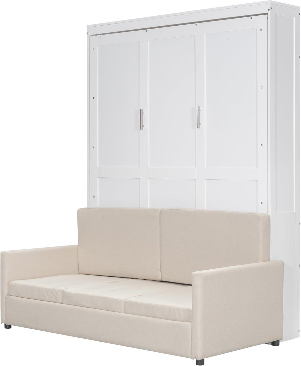 LZ LEISURE ZONE Queen Size Murphy Bed, Wooden Queen Murphy Wall Bed with Cushion and Sofa, for Home Office or Small Room, White