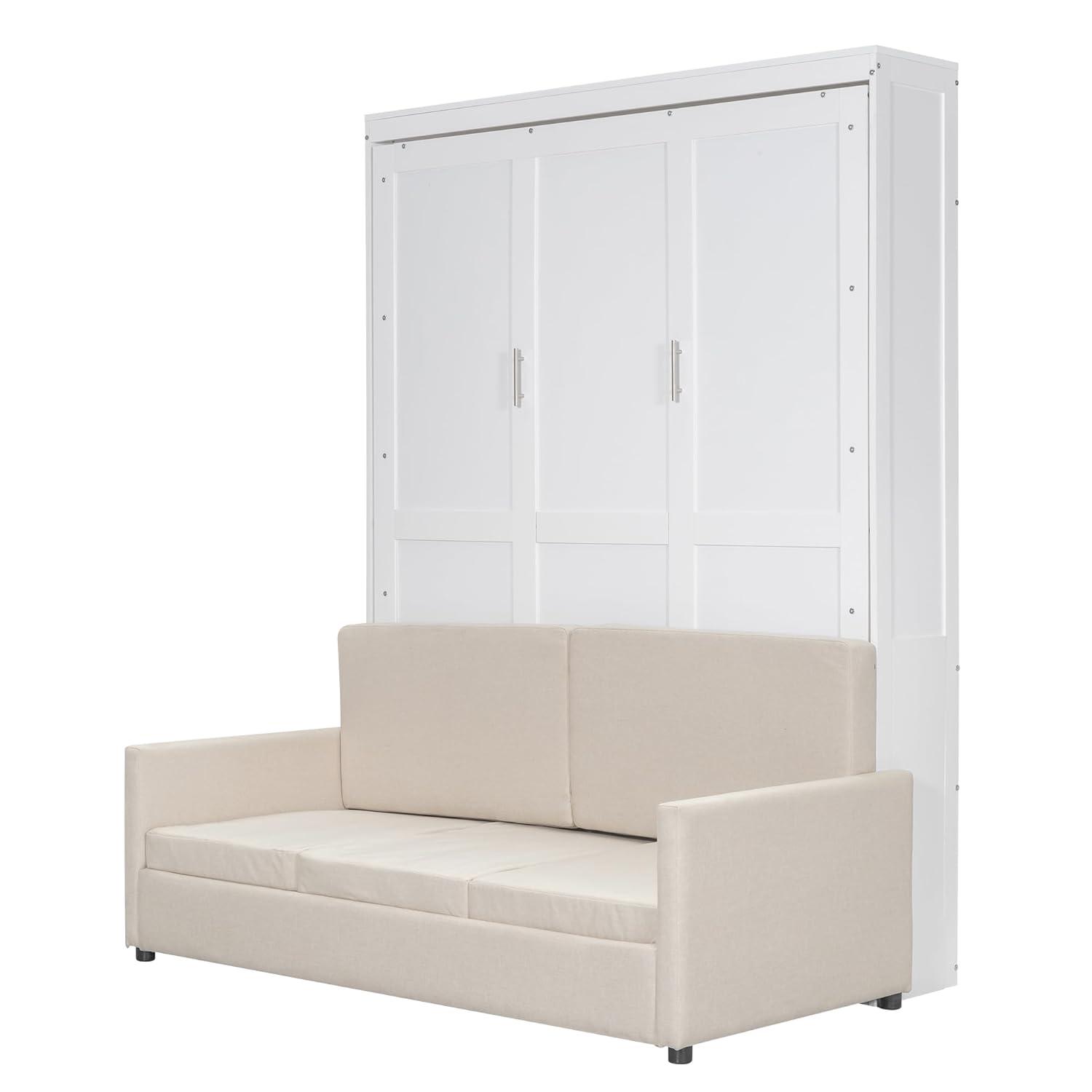 LZ LEISURE ZONE Queen Size Murphy Bed, Wooden Queen Murphy Wall Bed with Cushion and Sofa, for Home Office or Small Room, White