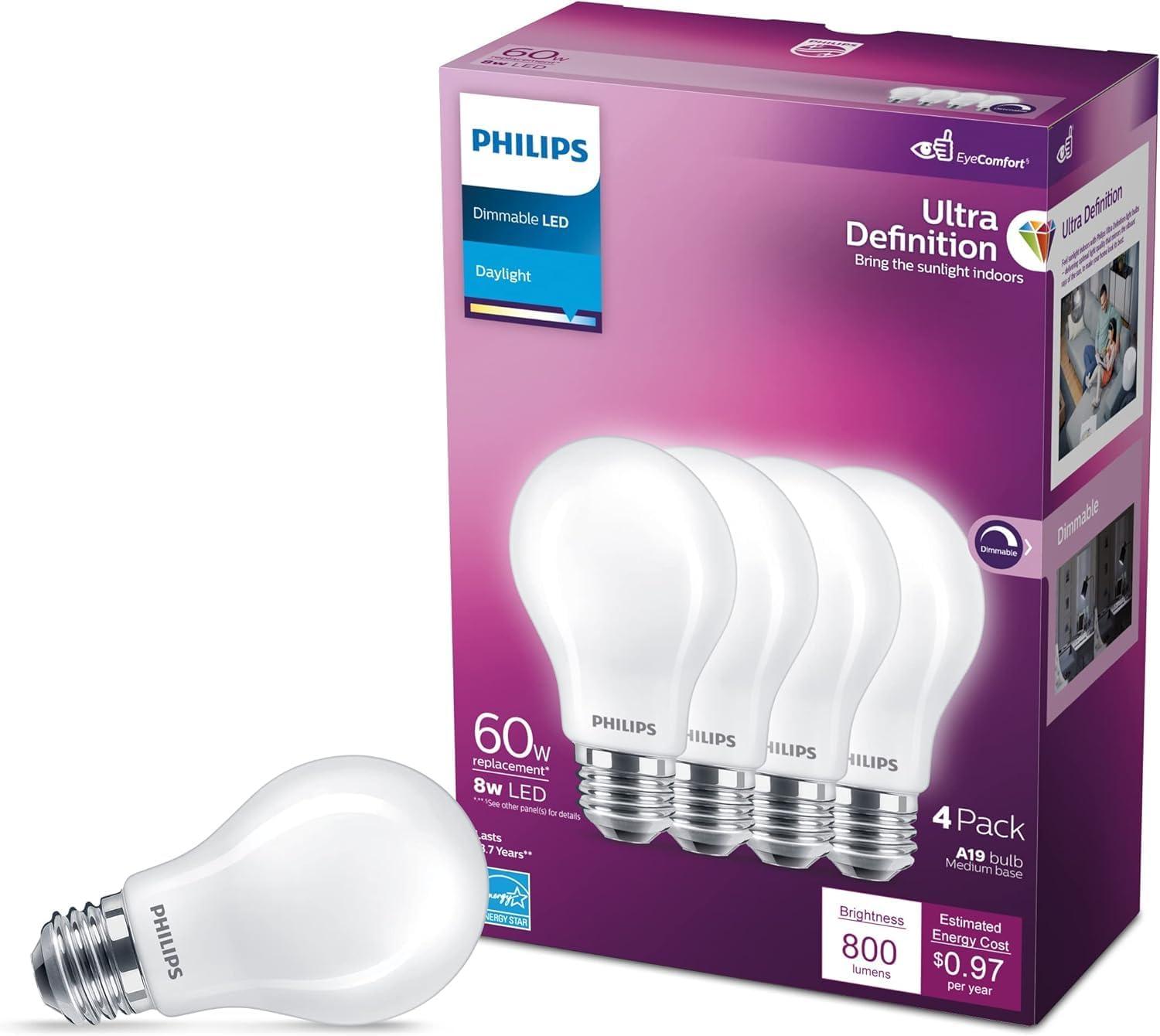 Philips 8W Frosted White Dimmable LED A19 Light Bulb 4-Pack