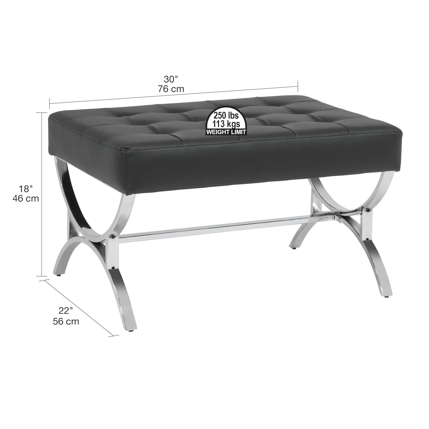 studio designs Newel Modern Square Ottoman Blended Leather and Chrome Metal Frame Chrome/Black: 18" High, Rectangular, Steel Base