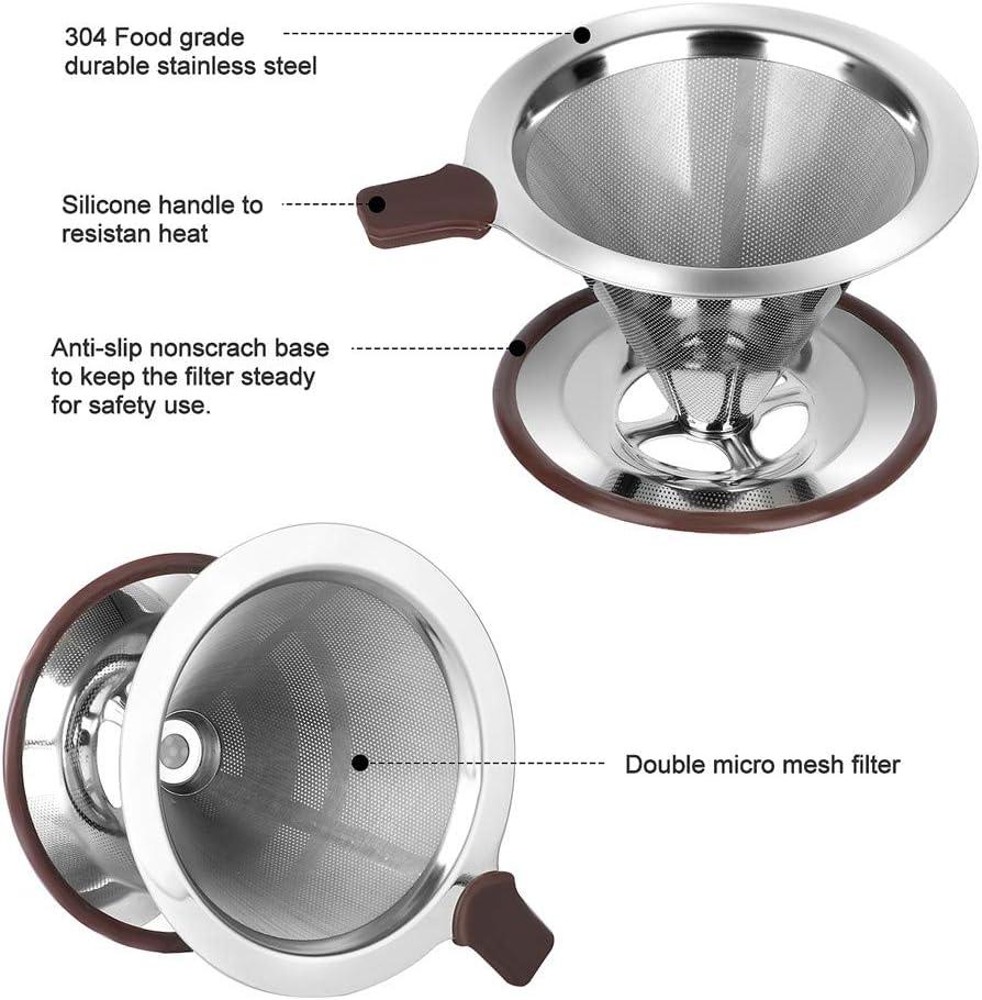 Pour Over Coffee Dripper, Reusable Paperless Coffee Filter,Professional Stainless Steel Drip Cone Brew Coffee Strainer,Upgraded Double Micro Mesh Filter with Cup Stand,1-2 Cup
