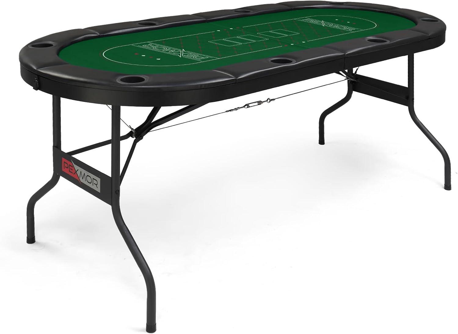 PEXMOR Foldable 8 Player Poker Table, Folding Blackjack Casino Card Game Table with Stainless Steel Cup Holders & Padded Rails, Portable Texas Holdem Poker Table