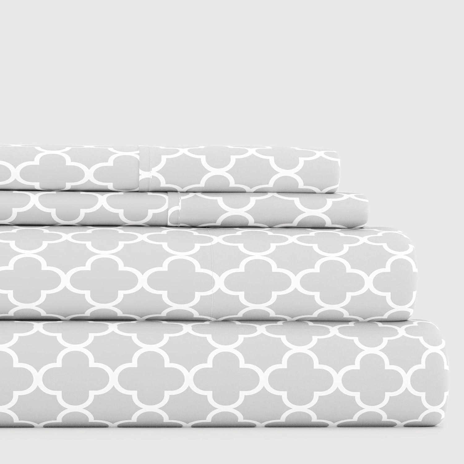 Gray Quatrefoil Queen Microfiber 4-Piece Bedding Set