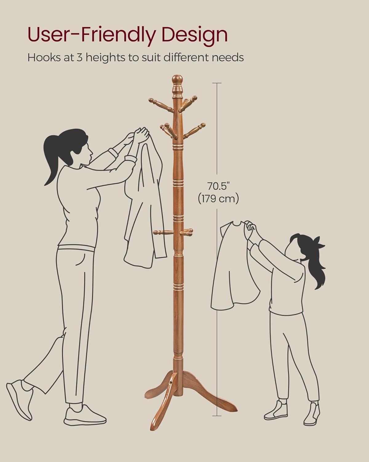 10 Hooks Coat Rack Solid Wood Coat Stand Free Standing Coat Tree for Coats Hats Bags Purses for Entryway Bedroom Rubber wood Dark Walnut