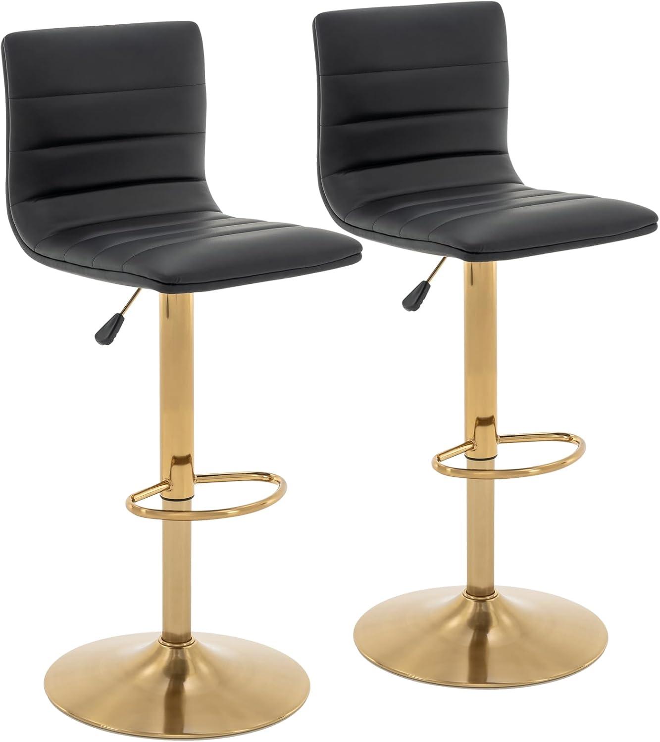 Flash Furniture Modern Black Vinyl Adjustable Bar Stool with Back, Counter Height Swivel Stool with Gold Pedestal Base, Set of 2