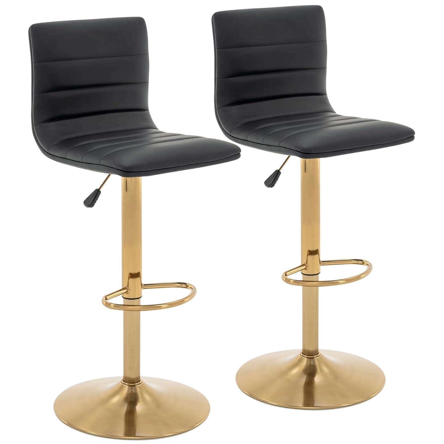 Flash Furniture Modern Black Vinyl Adjustable Bar Stool with Back, Counter Height Swivel Stool with Gold Pedestal Base, Set of 2