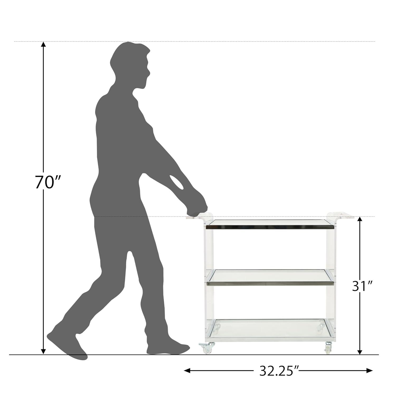 Yves Acrylic Bar Trolley Clear - Christopher Knight Home: Tempered Glass Shelves, Modern Serving Cart with Casters/Wheels