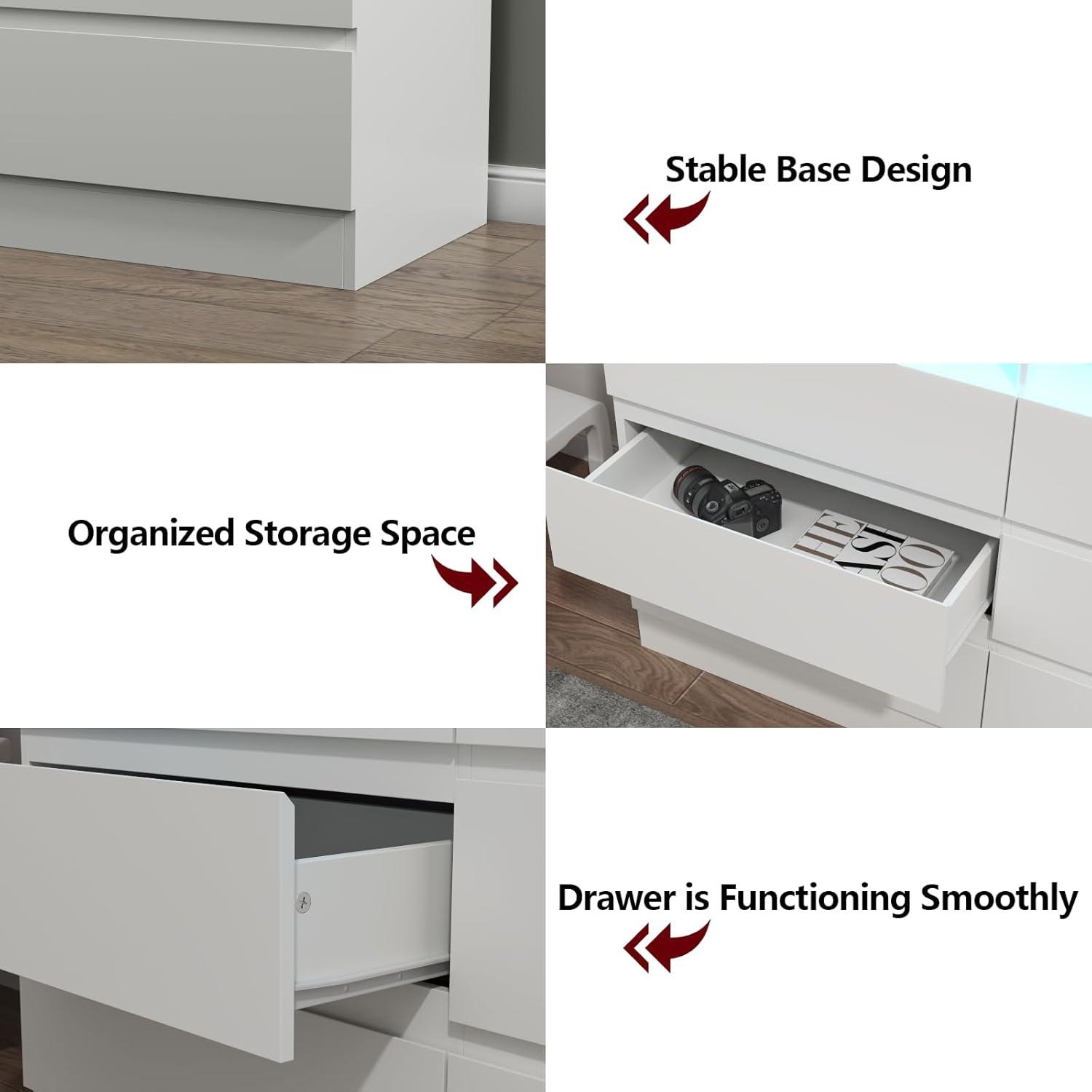 Modern White Double Dresser with LED Lights and Charging Station