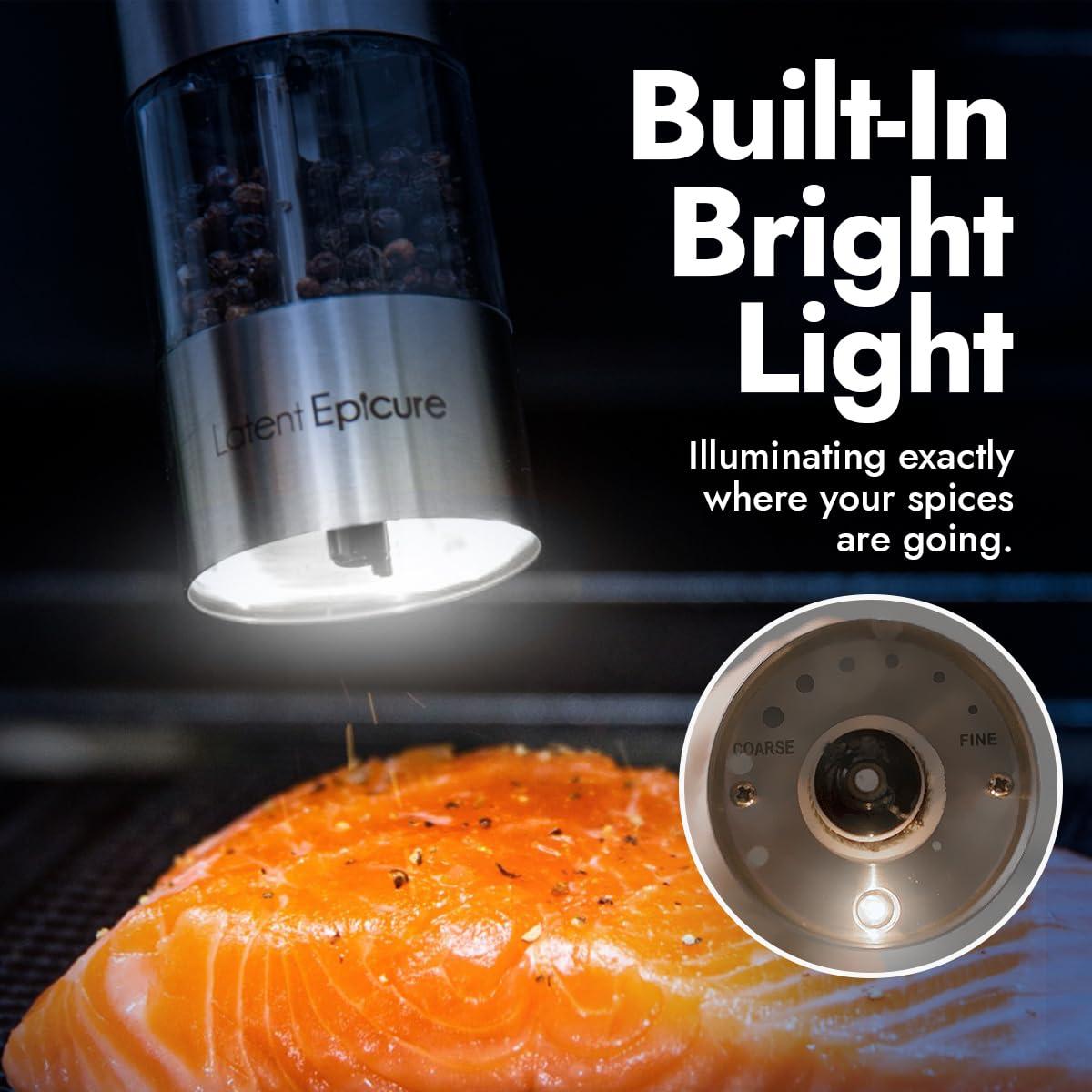 Electric Salt and Pepper Grinder Set - Battery Operated, Stainless Steel Shakers with Adjustable Fine & Coarseness, One Handed Operation, LED Light & Complimentary Mill Rest Tray