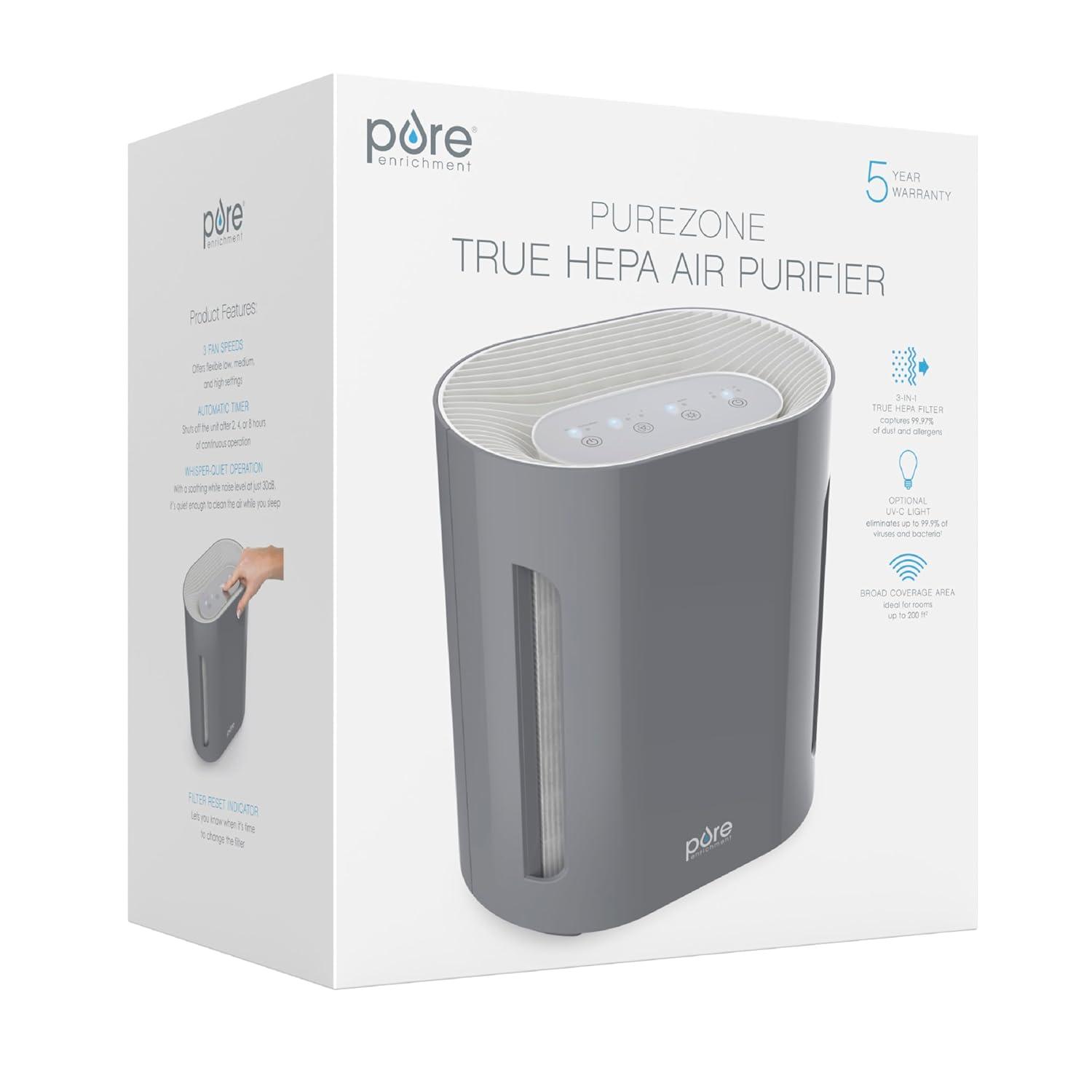 Pure Enrichment Pure Zone 3-in-1 True HEPA Air Filter Mist: Electric Air Purifier, Captures Dust & Smoke, ETL Listed, Gray