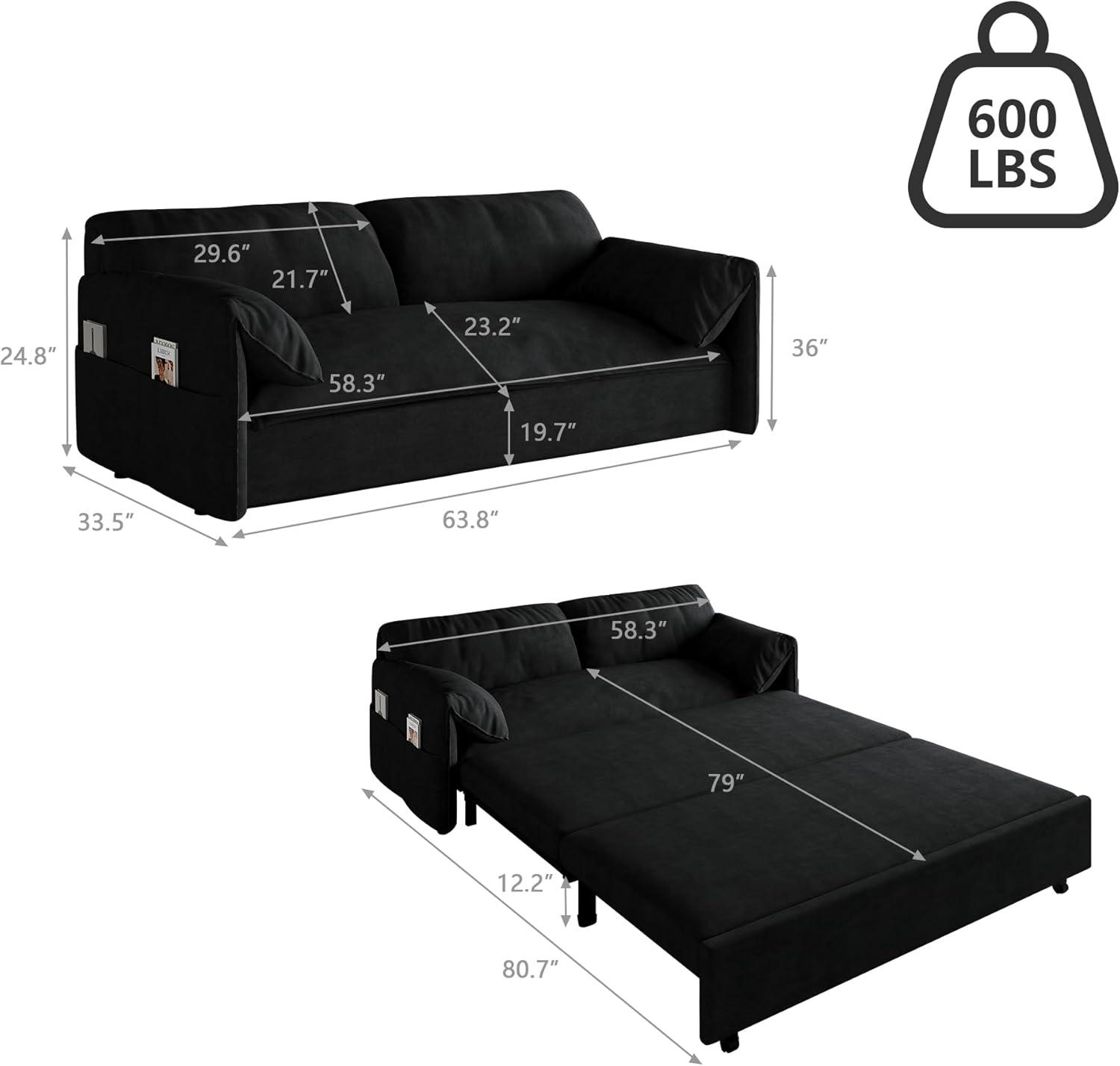 Tabaray 63.8" Futon Sofa Bed Queen Size, Pull Out Bed, 3-in-1 Convertible Sleeper Sofa with Side Pocket, Modern Plush Velvet Futon Couch for Living Room, Small Space, Apartment, Bedroom, Black