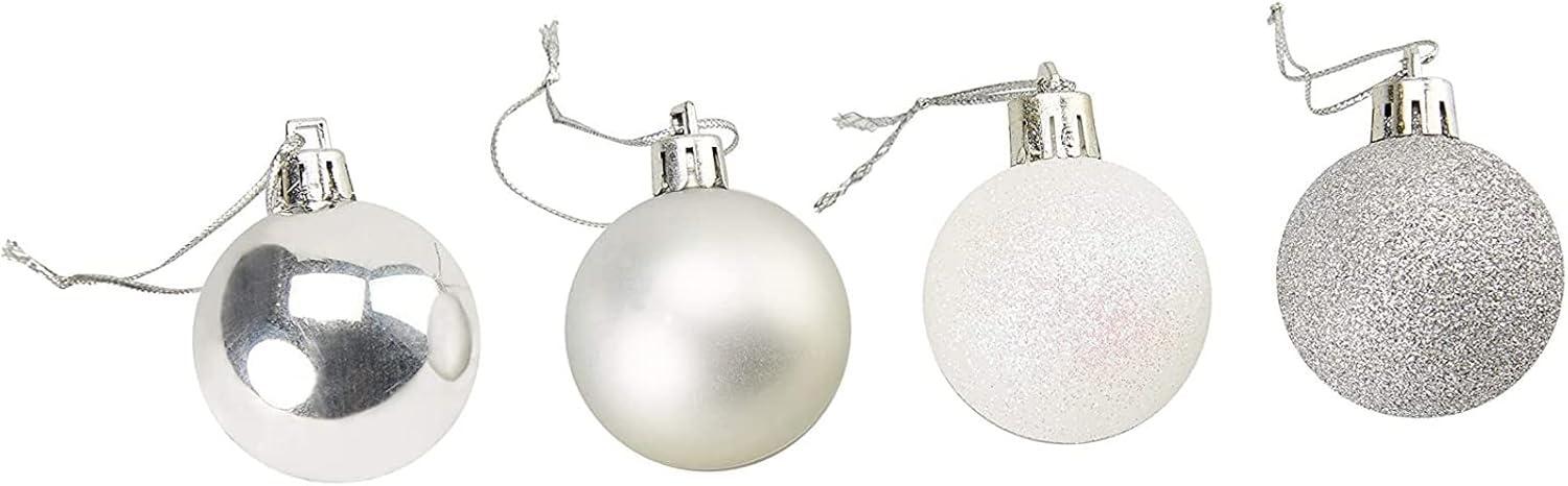 Mini Silver and White Shatterproof Glitter Christmas Ornaments Set