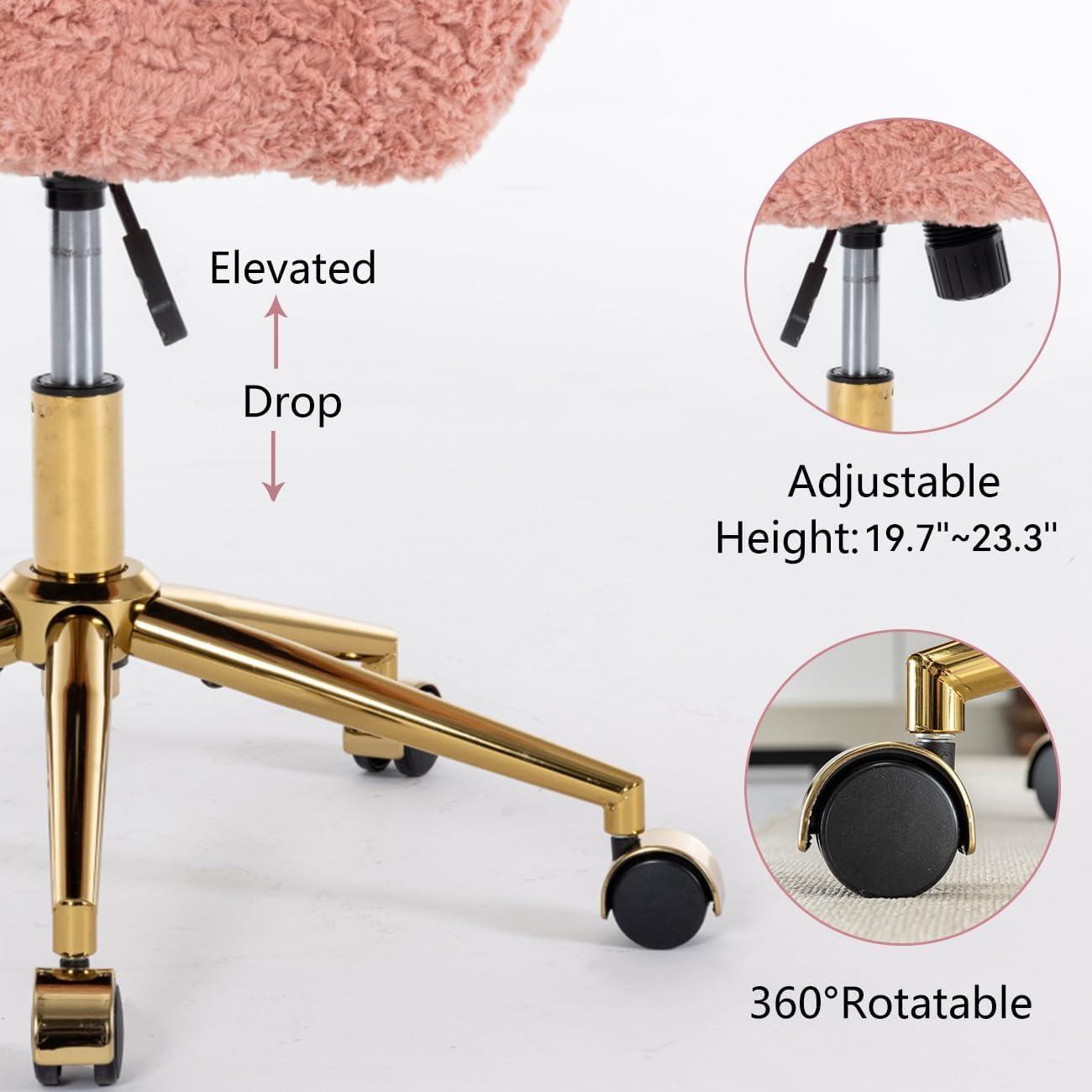 Pink Artificial Rabbit Fur Home Office Chair, Adjustable Swivel Desk Chair with Gold Metal Base and Wheels - The Pop Home