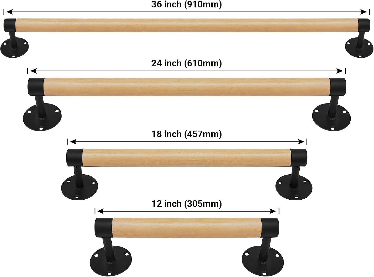 1ft Wood Handrail for Indoor Stairs, Wood Staircase Handrail W/s Black Sturdy Metal Brackets, Stair Banister Railing Wooden Safety Grab Bar for Elderly & Kids