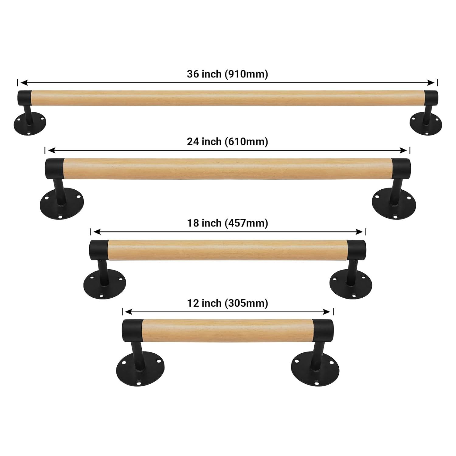 1ft Wood Handrail for Indoor Stairs, Wood Staircase Handrail W/s Black Sturdy Metal Brackets, Stair Banister Railing Wooden Safety Grab Bar for Elderly & Kids