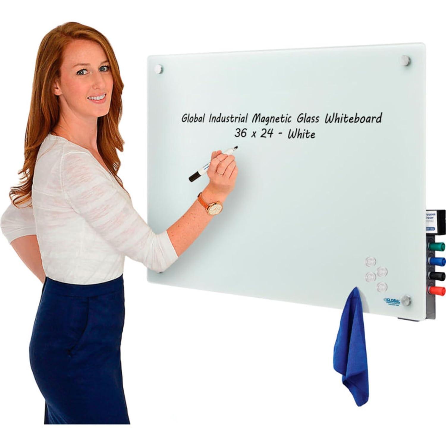 48 x 36 Magnetic Glass Dry Erase Whiteboard with Markers and Eraser, White
