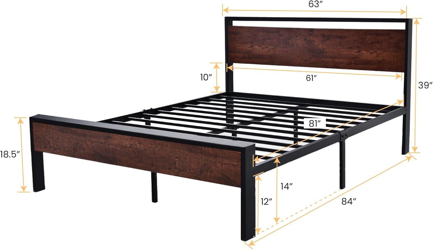 Mahogany Queen Metal Platform Bed Frame with Wood Headboard and Storage