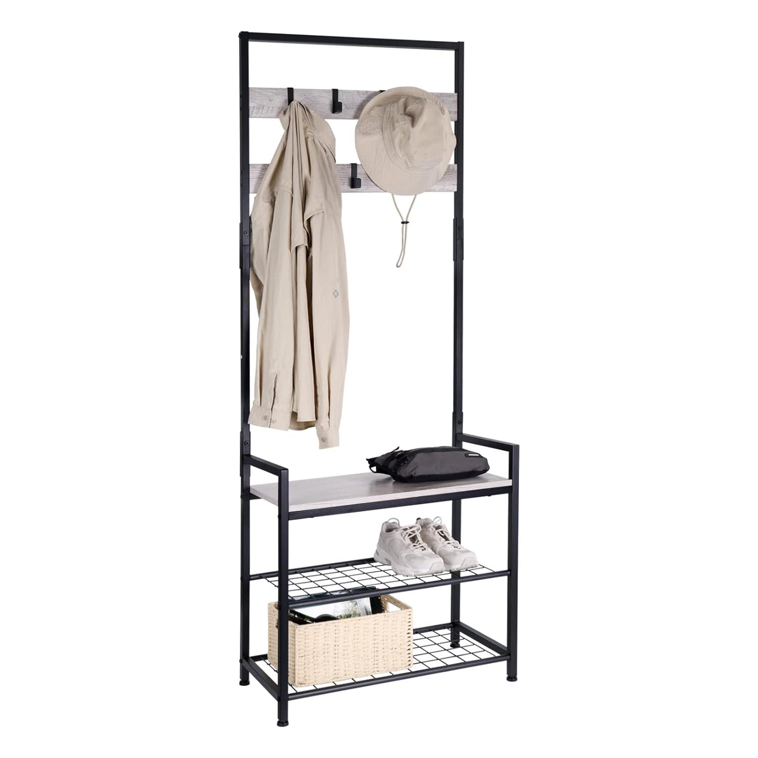HOMEKOKO Coat Rack Shoe Bench, Hall Tree Entryway Storage Bench, Wood Look Accent Furniture with Metal Frame, 3-in-1 Design