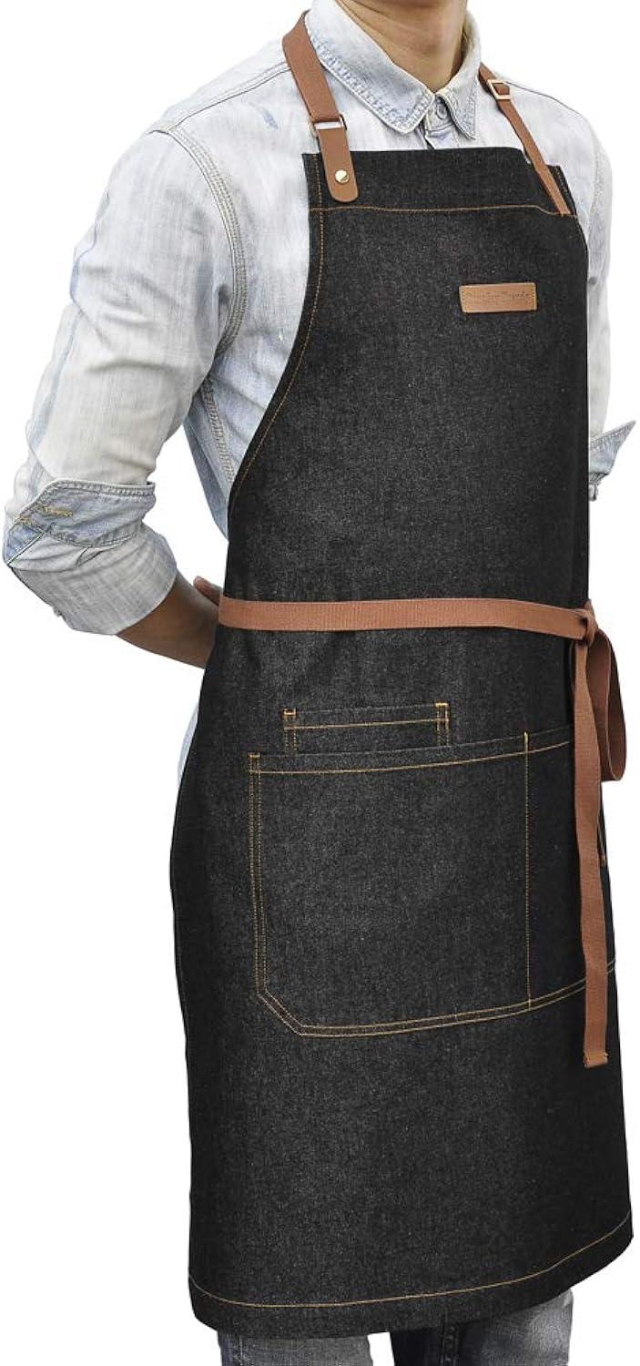 Apron with Pockets, Mens Womens Chef Bib Apron for Kitchen Cooking Grill BBQ Baking Server with Towel Loop