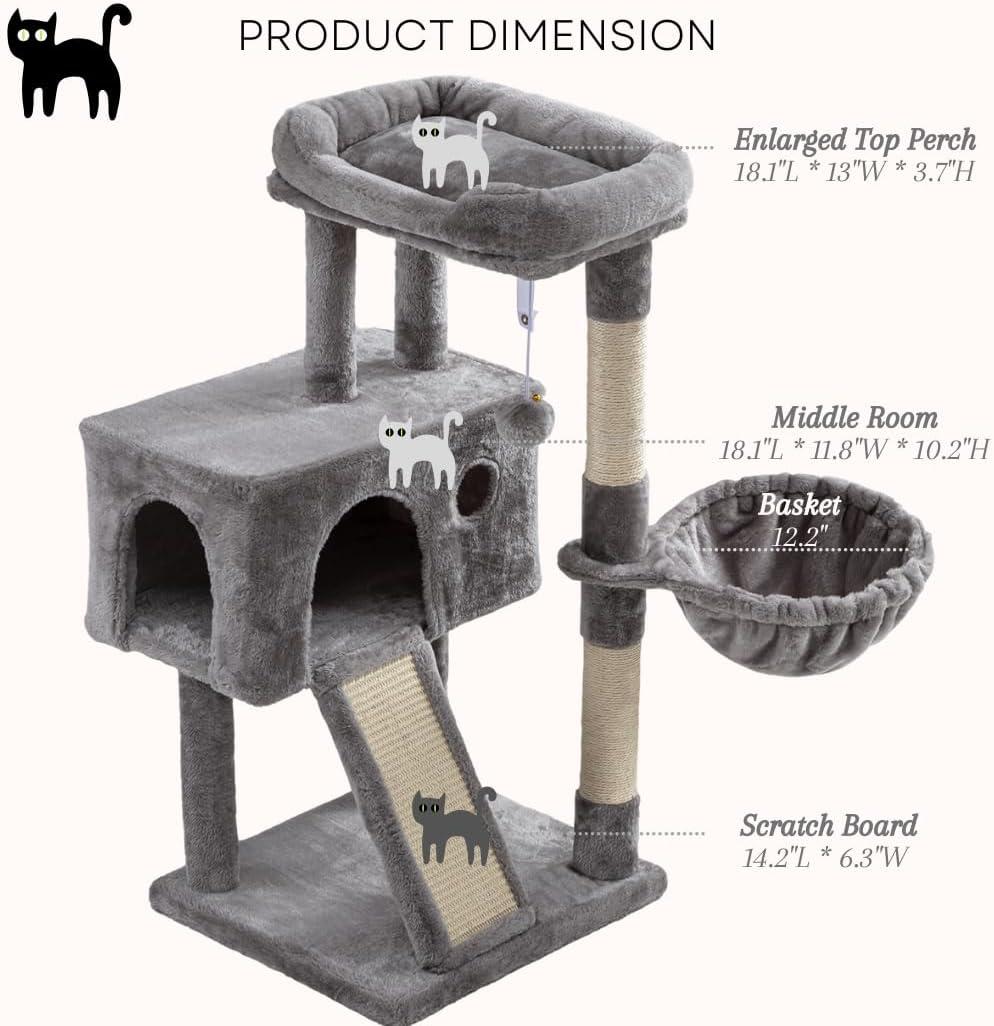 36" Small Cat Tower With Hammock, Sisal Scratching Posts, And Ramp, Perfect For Indoor Cats