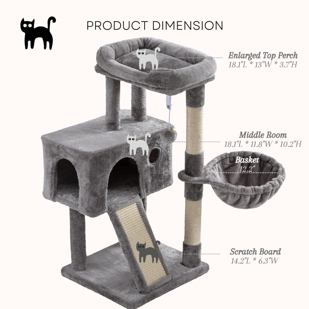 36" Small Cat Tower With Hammock, Sisal Scratching Posts, And Ramp, Perfect For Indoor Cats