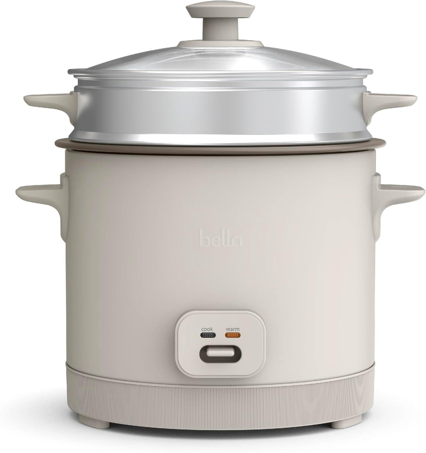 bella 16 Cup Rice Cooker with Steamer Oatmilk: Nonstick Coating, Automatic Keep Warm, Tempered Glass Lid, 2 Settings