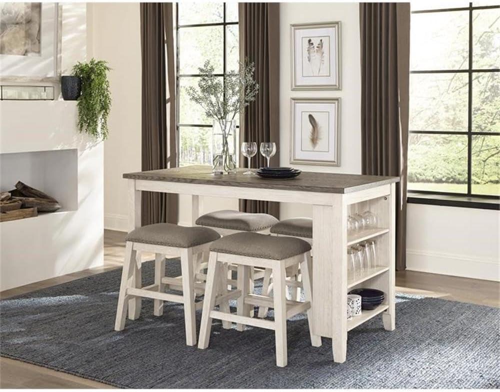 White and Gray Acacia Wood Counter Height Dining Set with Shelves