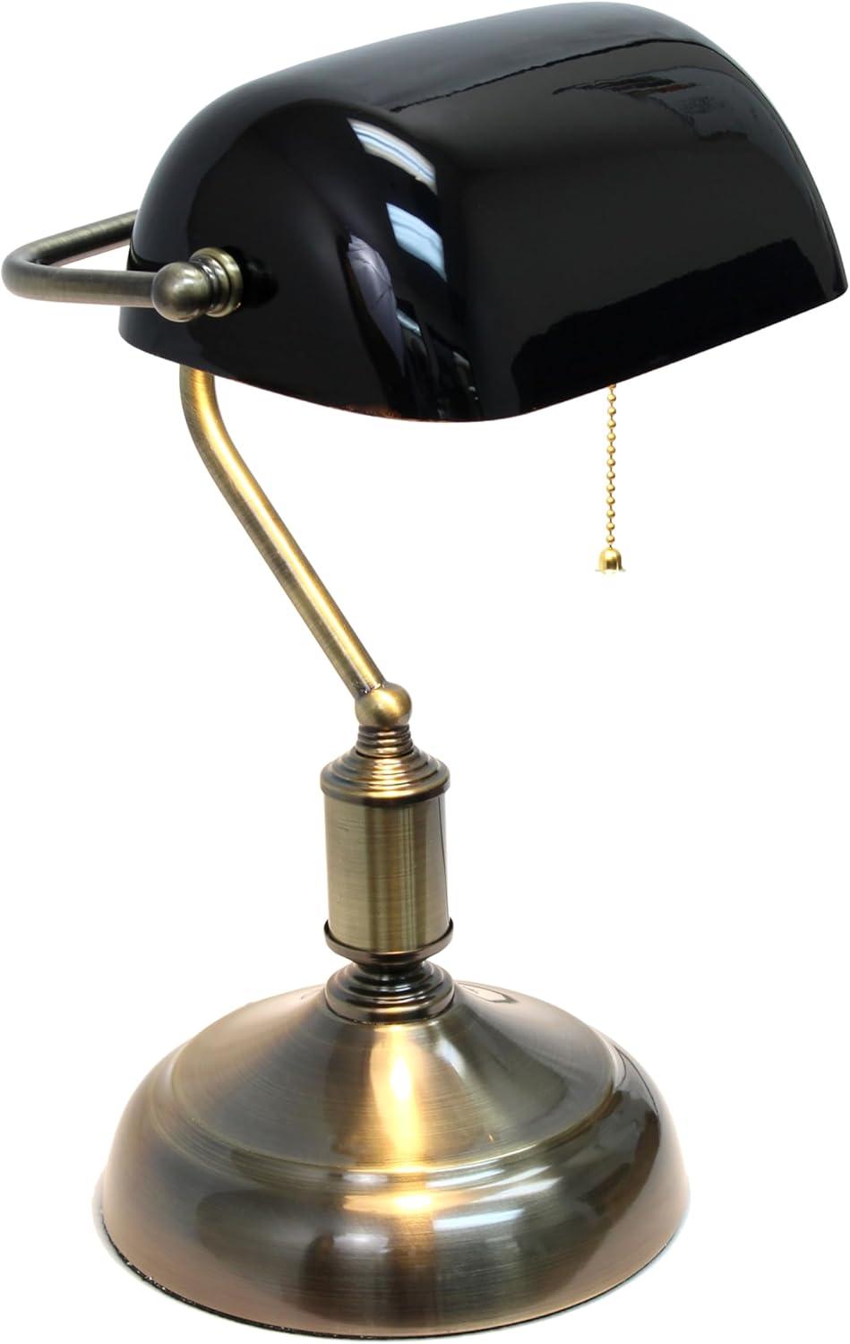 Executive Banker's Desk Lamp with Glass Shade Black - Simple Designs: ETL Listed, Metal Body, Pull Chain