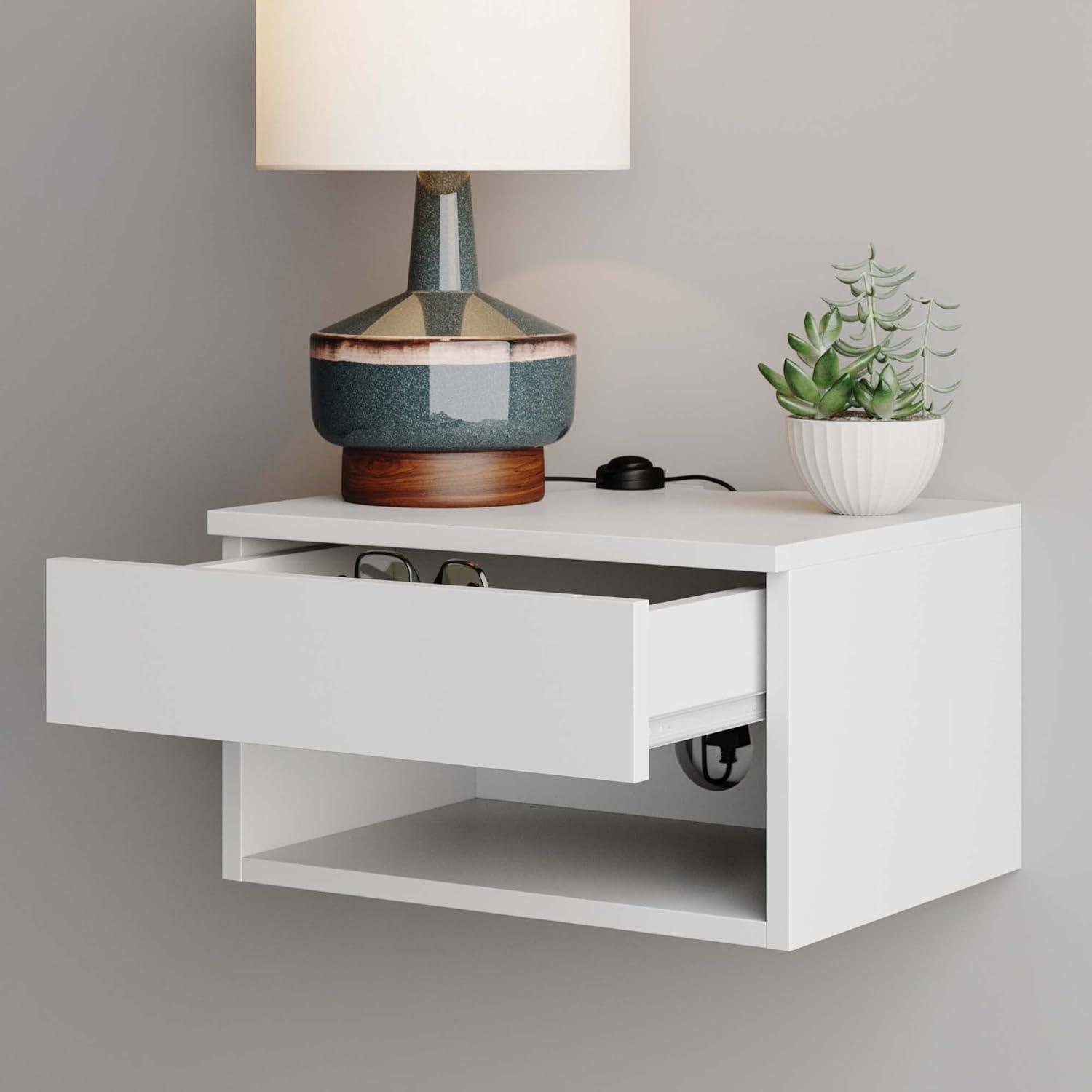 Jackson Wall Mount Shelf Side Table Matte White - Nathan James: Modern Floating Bedside Storage with Drawer