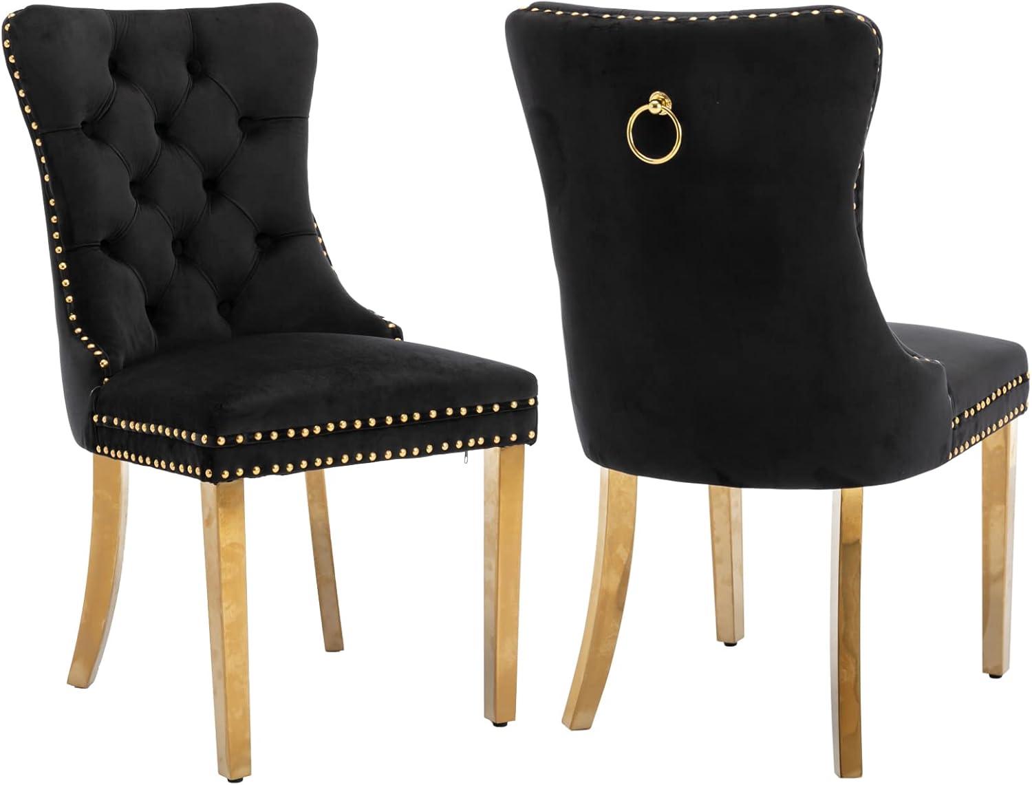 LegaHome Dining Chairs Set of 2, Modern Upholstered Velvet Dining Room Chairs with Nailhead Trim and Golden Stainless Steel Plating Solid Wood Legs, Tufted Button Padded Chairs Set for Kitchen, Black