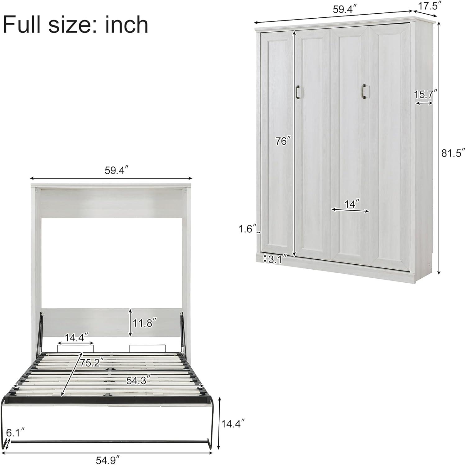 Rustic White Full Size Murphy Bed with Wood Frame and Drawer