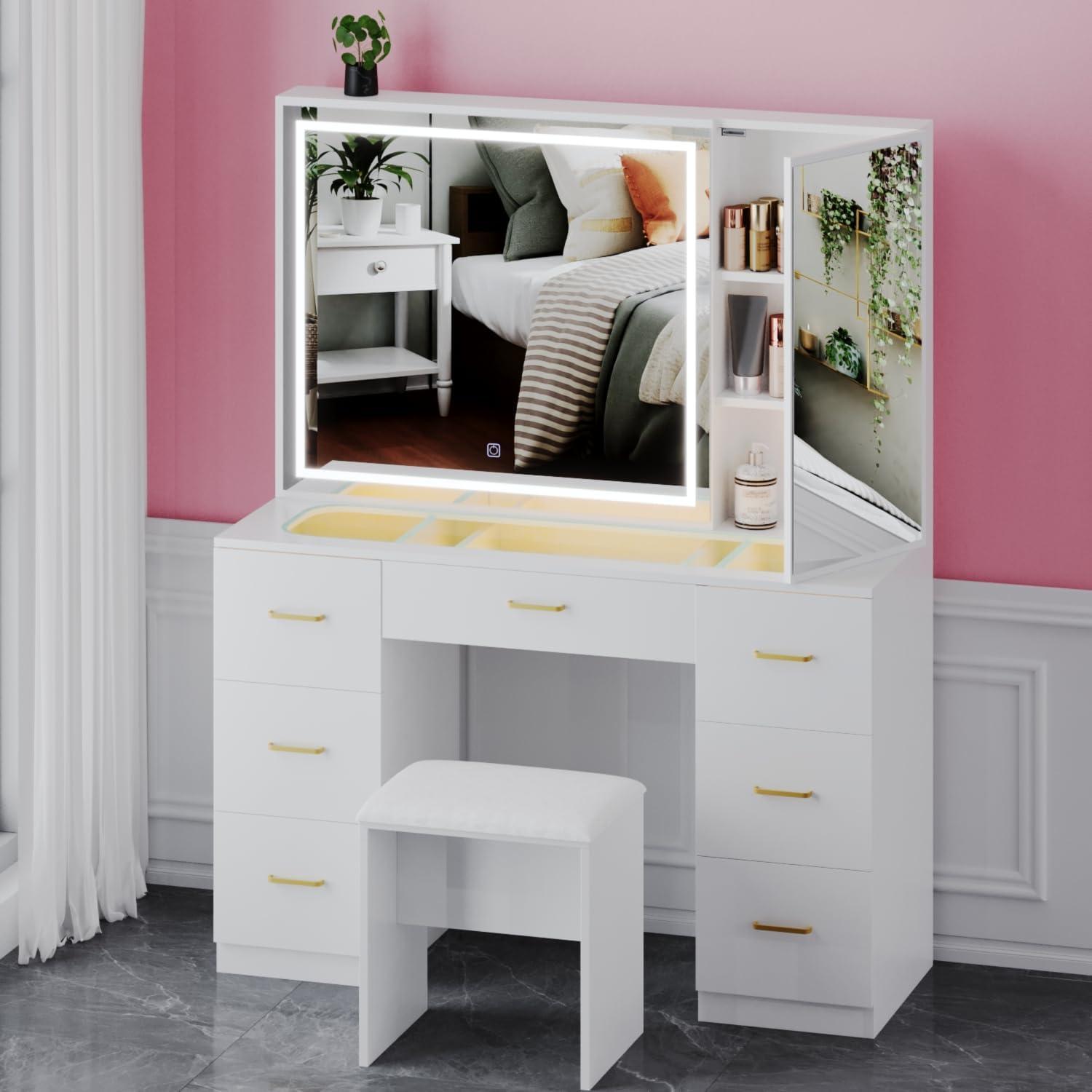 Vanity Desk with Lighted Mirror,Makeup Table with 7 Drawers,Wildhome Brand,Adult Age Group