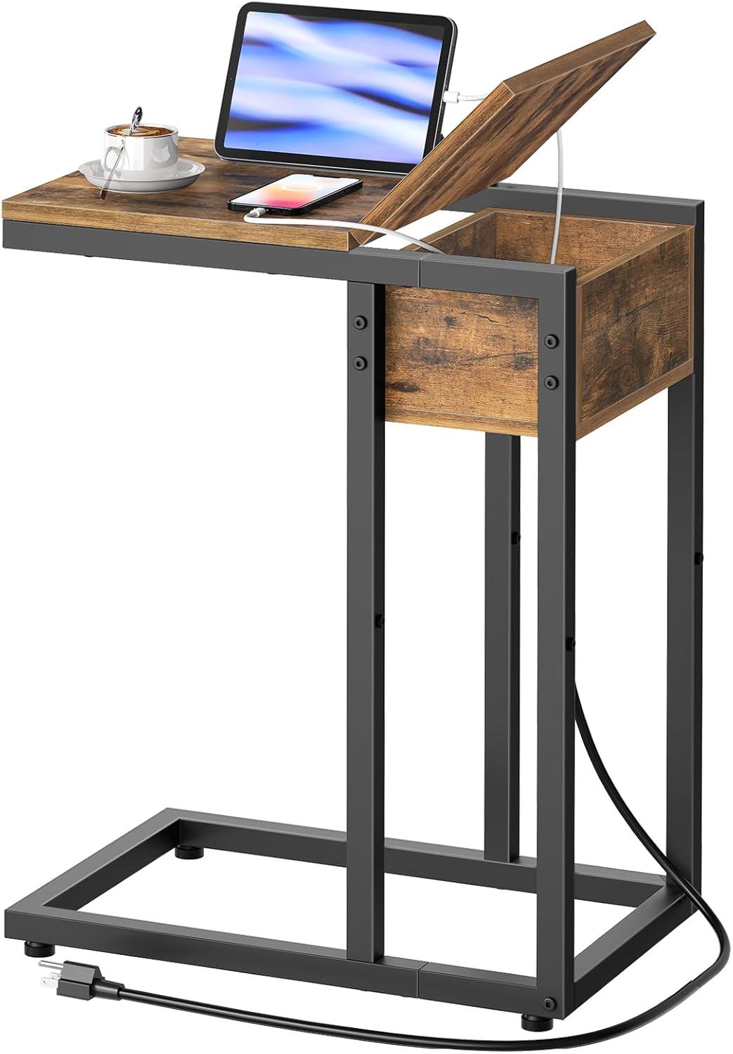 Rustic Brown C-Shaped End Table with Charging Station and Storage