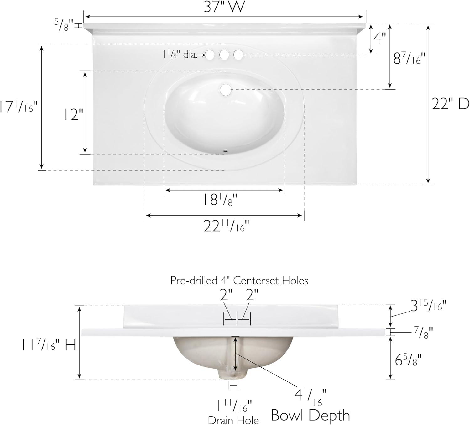 Solid White 37-Inch Cultured Marble Vanity Top with Integrated Sink