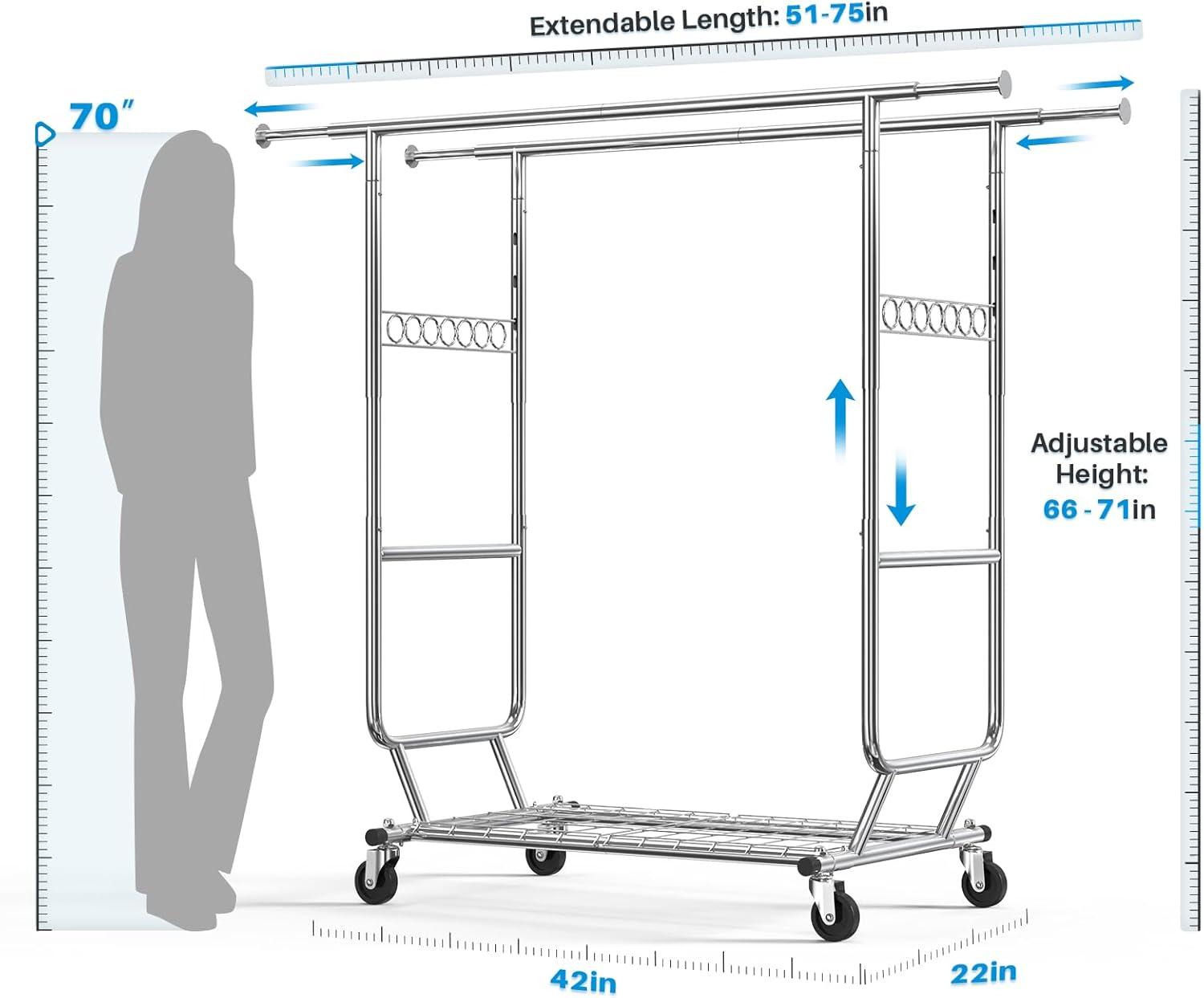 HOKEEPER Double Clothing Garment Rack with Shelves Capacity 600 lbs Clothing Racks on Wheels Rolling Clothes Rack for Hanging Clothes Heavy Duty Portable Collapsible Commercial Garment Rack Chrome