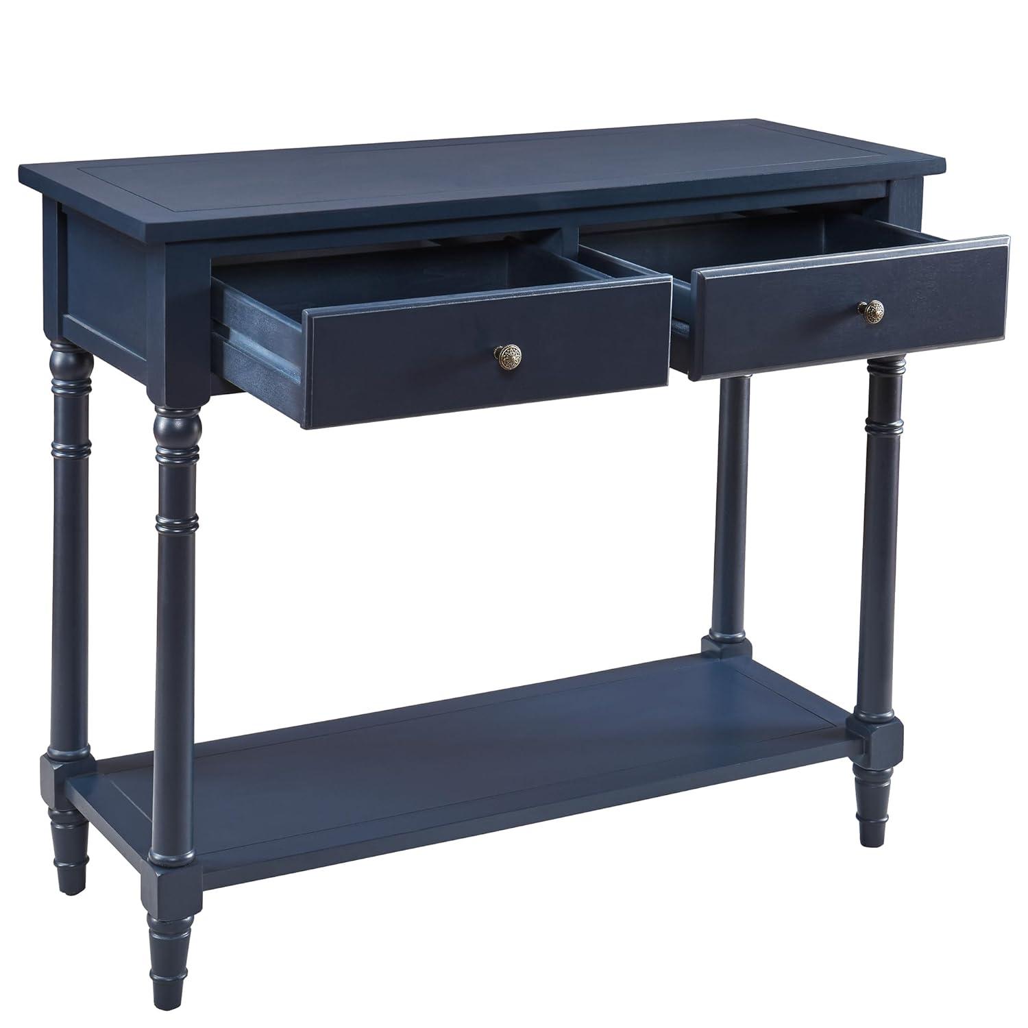 Solid Wood Console Entry Table with 2 Drawers, Accent Sofa Table with Storage Shelf, Narrow Entryway Hall Table for Living Room Office Easy Assembly 35.54" L x 30" H x 13.78" W Blue SFZ-004BL