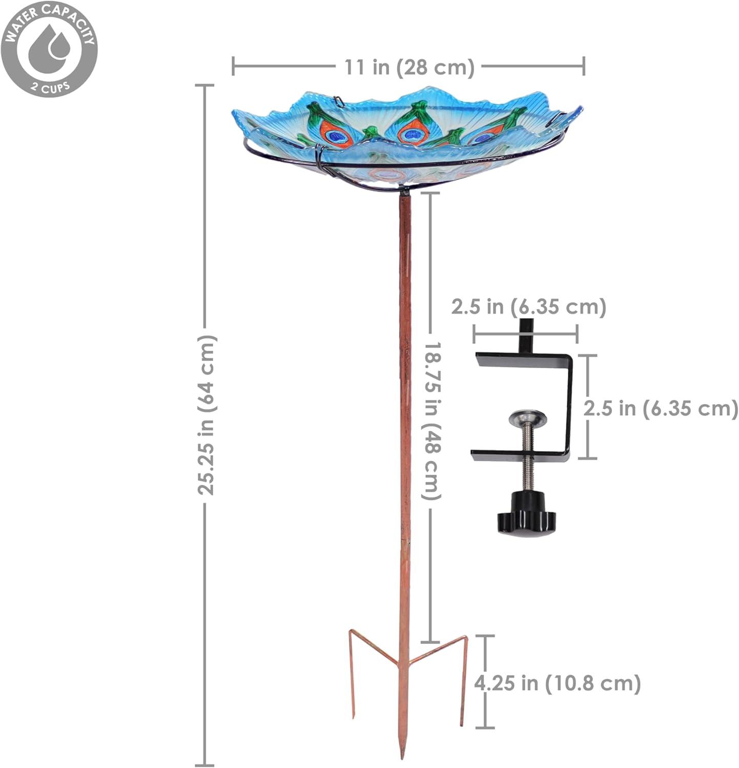 Sunnydaze Exquisite Feathers Deck-Mounted/Staked Glass Bird Bath - 11” Diameter - Turquoise