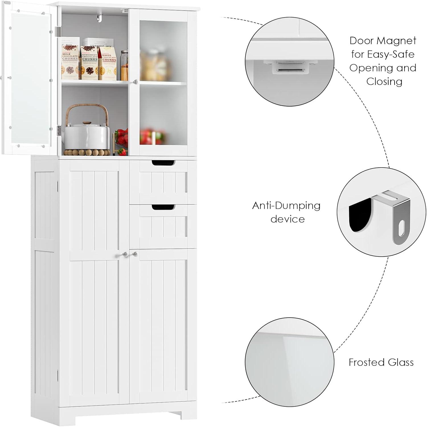 67'' Tall Storage Cabinet, Bathroom Storage Cabinet with Glass Doors and Shelves, Kitchen Pantry Cabinet with 2 Drawers for Bathroom, Living Room, Kitchen, White