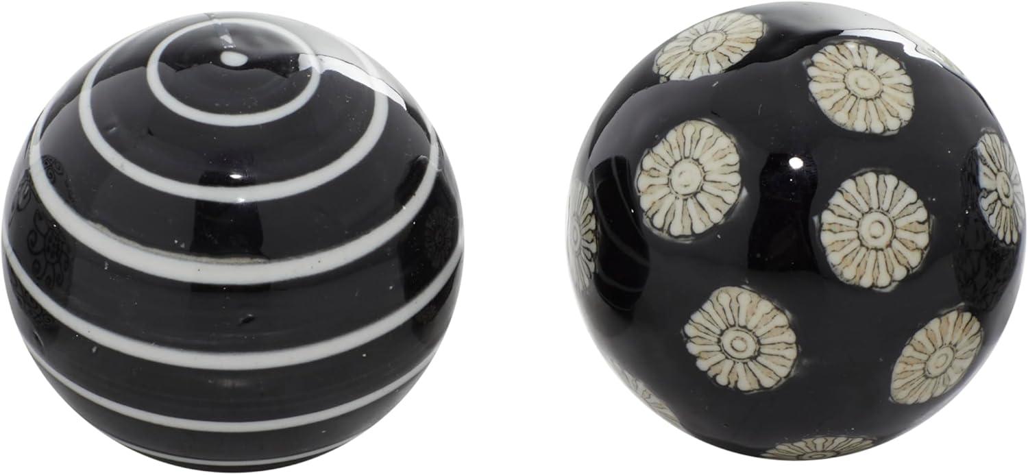 DecMode Black 3" Floral Glossy Ceramic Orbs & Vase Filler with Varying Patterns and White Accents (6 Count)