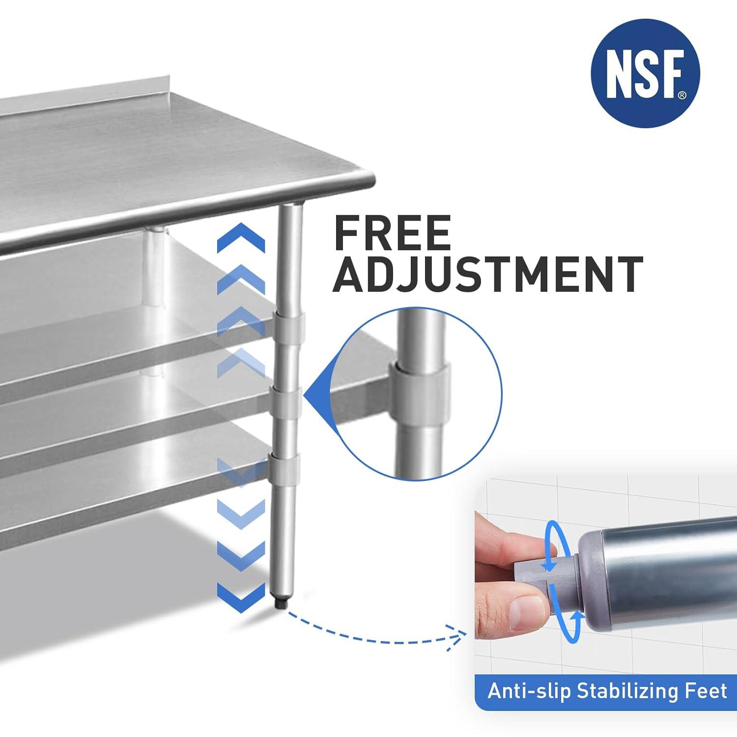 ROCKPOINT Stainless Steel Table for Prep & Work with Backsplash 24x48 Inches, NSF Metal Commercial Kitchen Heavy Duty Table with Adjustable Under Shelf and Table Foot for Restaurant, Home and Hotel