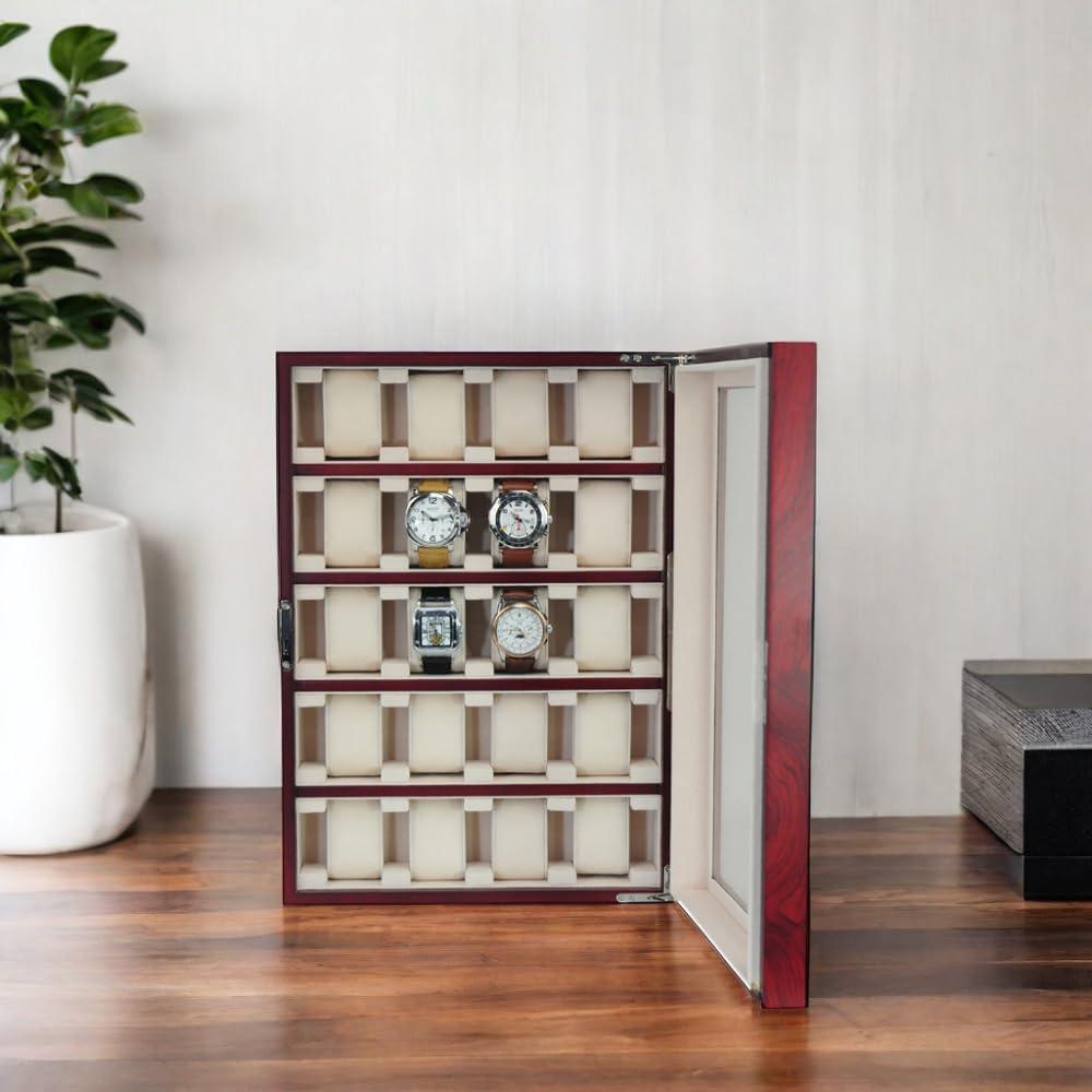 Cherry Wood 30-Slot Wall Mounted Watch Display Case