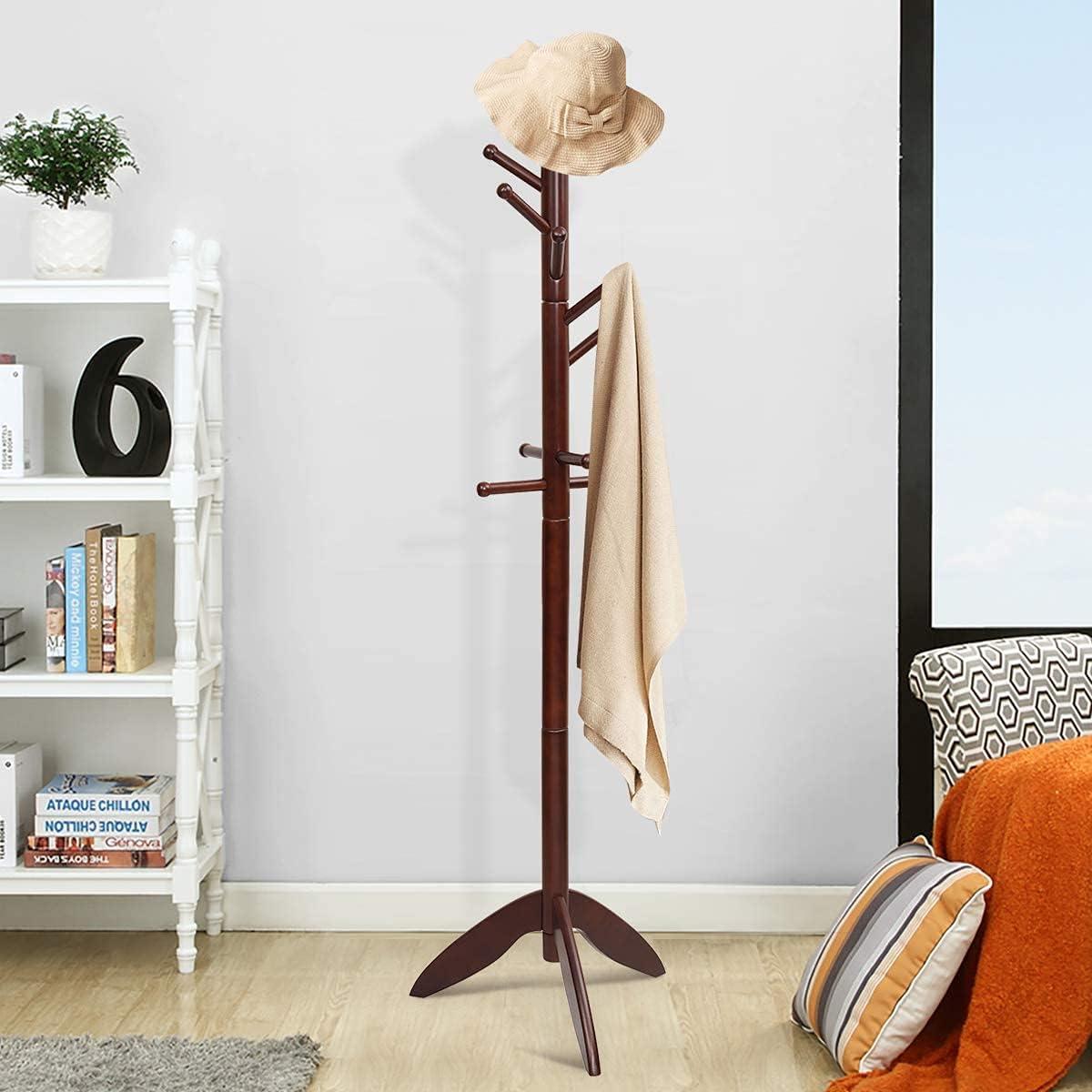 Dark Brown Rubber Wood Freestanding Coat Rack with 11 Hooks