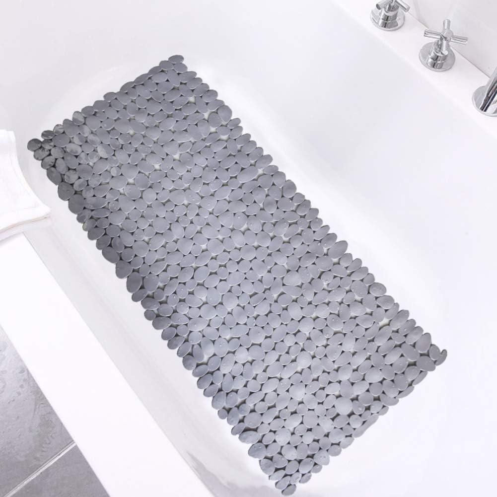 Gray PVC Pebble Bath Mat with Suction Cups and Drain Holes, 35x16 Inches