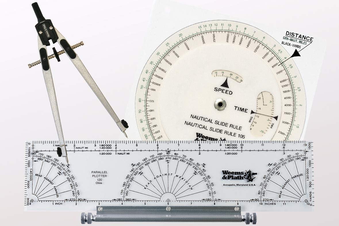 Portable Nautical Navigation Kit with Divider, Plotter, and Slide Rule