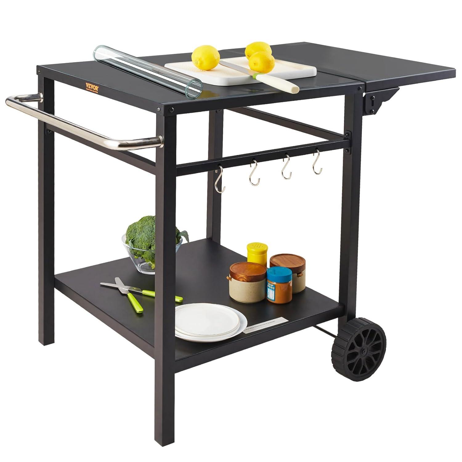 VEVOR Outdoor Grill Dining Cart with Double-Shelf, BBQ Movable Food Prep Table, Multifunctional Iron Table Top, Portable Modular Carts for Pizza Oven