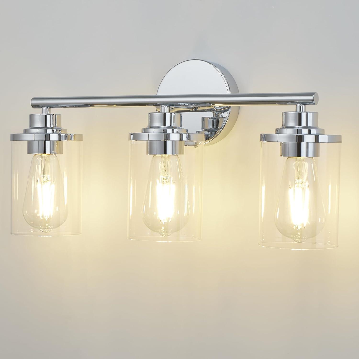 3-Light Bathroom Light Fixtures, Brushed Nickel Vanity Light, Farmhouse Wall Lights with Clear Glass Shade, Bathroom Wall Lamp for Mirror Kitchen Bedroom Hallway Living Room Hallway Cabinet
