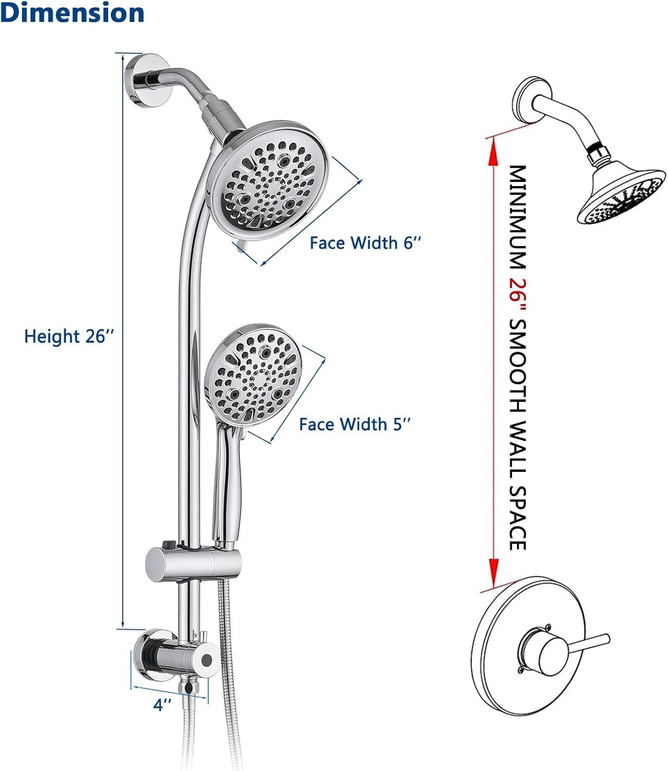 Rainfall Shower Head with Handheld Shower Spray, with 26" Drill Free Adjustable Height Slider Bar, High Pressure Dual Shower Head Combo, 3-Way Diverter for Easy Reach, 5Ft Hose - Chrome Finish